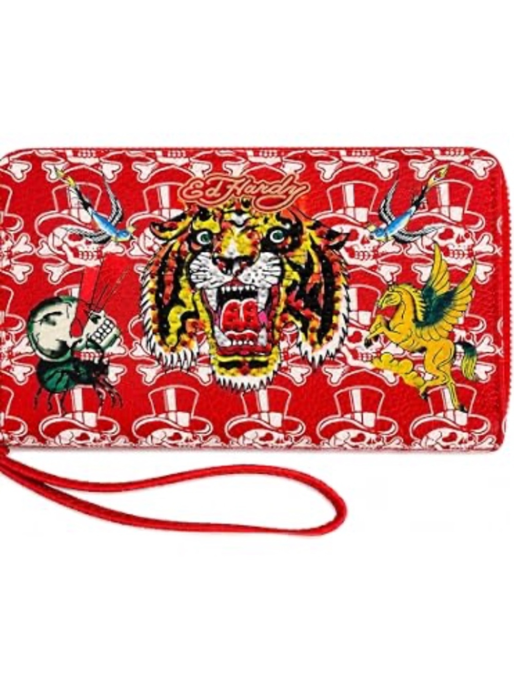 Ed Hardy Red Tiger Zip-Around Wallet with Embellished Tattoo Motifs